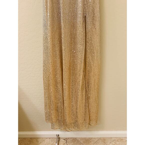 City Triangles Gold and Silver Evening Gown with Slit, Spaghetti Strap, Size 1 - Picture 7 of 14